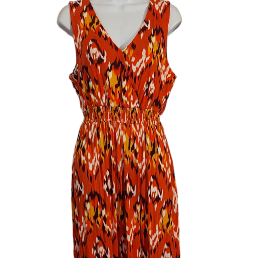 Maxi Dress, Abstract Multi Orange Colors V Neck by Esmara sz Large